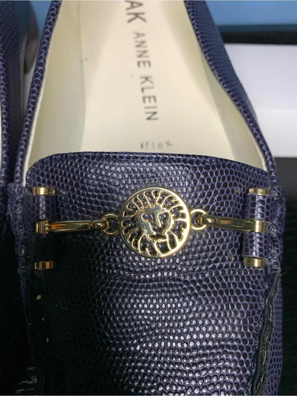 Anne Klein Navy Textured Leather Loafers with Gold Accent
